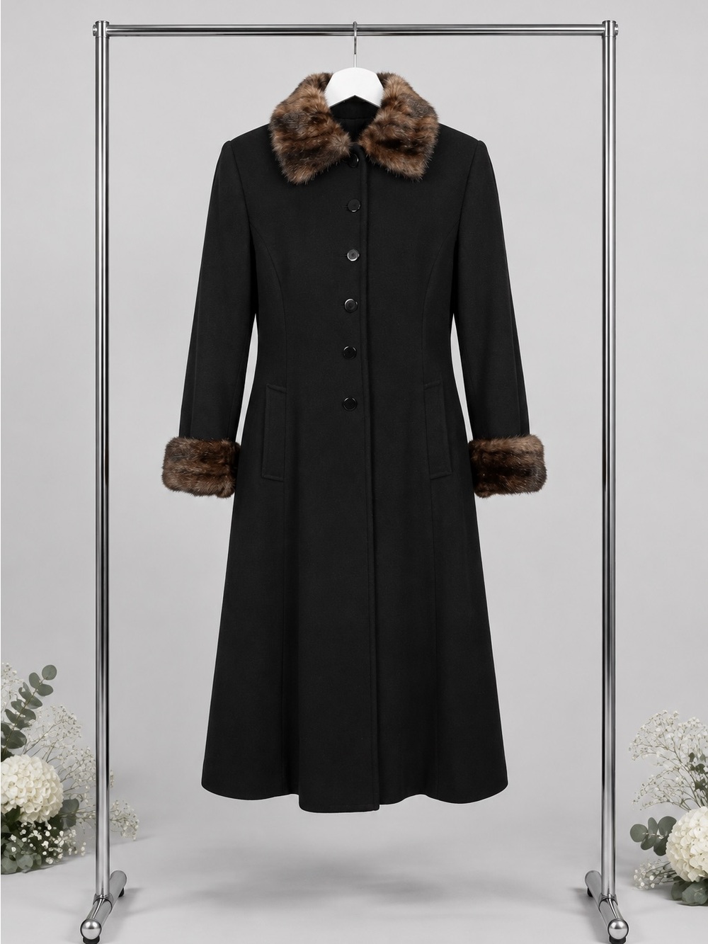 Black Long Fit-and-Flare Coat with Faux-Fur Trim